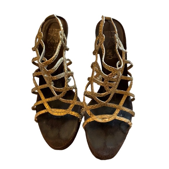 Salvatore Ferragamo Gold & Brown Suede Wedge Sandals - Picture 3 of 10